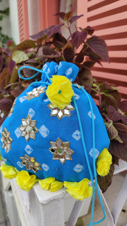 BLUE  BANDHINI COTTON POTLI BAG WITH MIRROR WORK