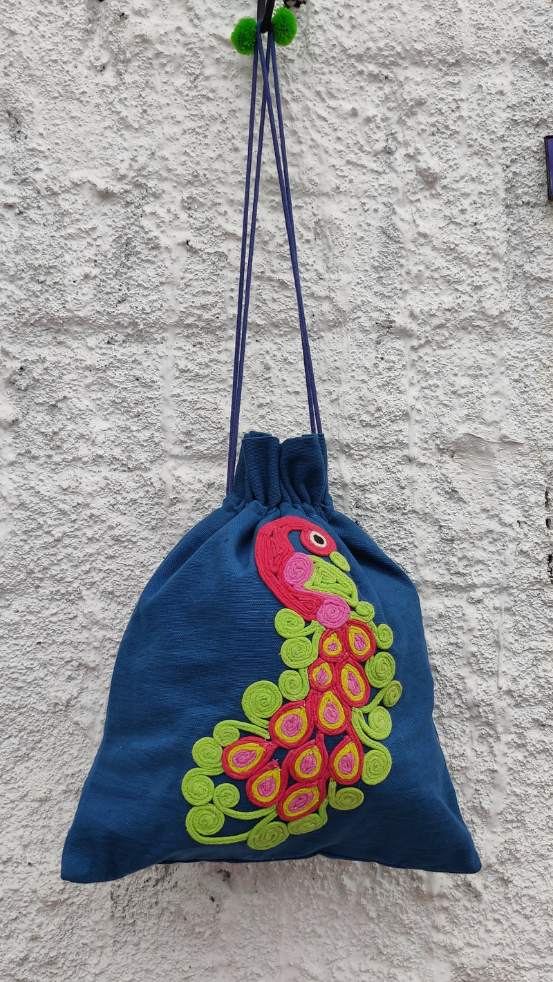 NAVY BLUE COTTON POTLI BAG WITH HAND DONE THREAD WORK