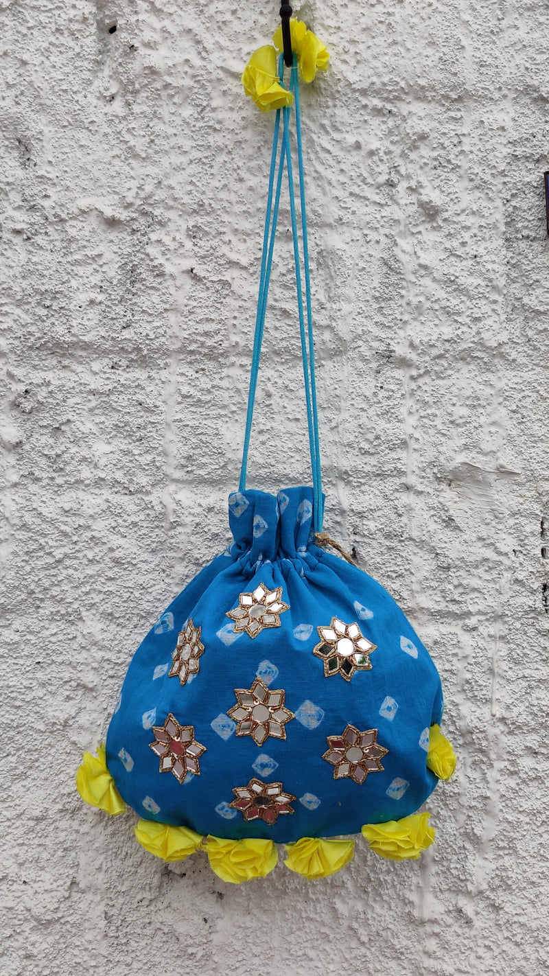 BLUE  BANDHINI COTTON POTLI BAG WITH MIRROR WORK