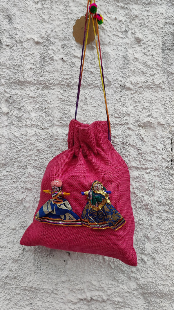 MAGENTA JUTE POTLI BAG WITH HAND MADE PUPPETS