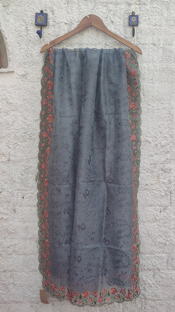 GREY BANARSI ORGANZA JAAL WORK DUPATTA