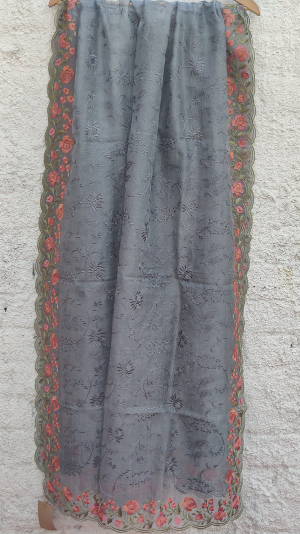 GREY BANARSI ORGANZA JAAL WORK DUPATTA