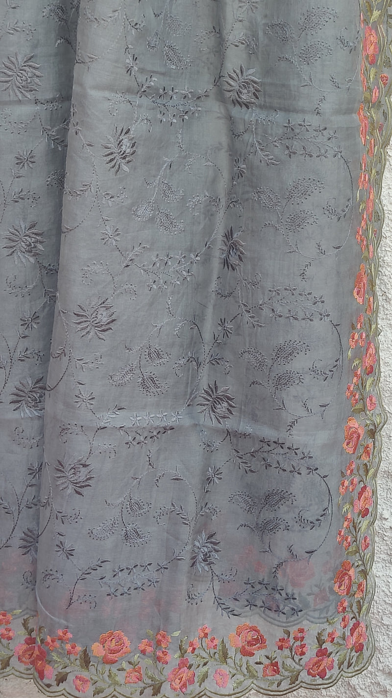 GREY BANARSI ORGANZA JAAL WORK DUPATTA