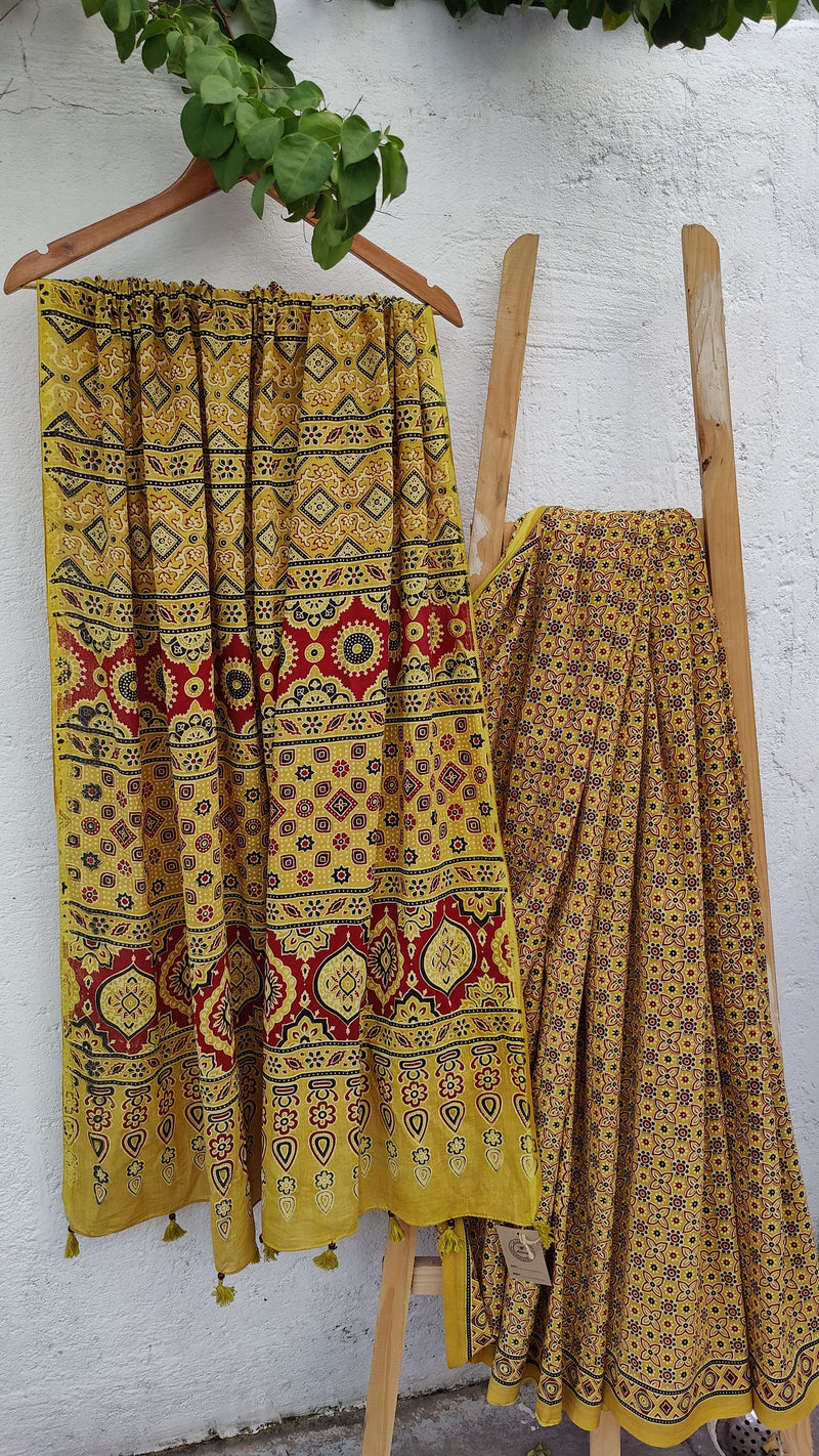 MUSTARD MUSLIN SAREE WITH HAND BLOCK KALAMKARI AND AZRAK WITH CHIKANKARI BLOUSE