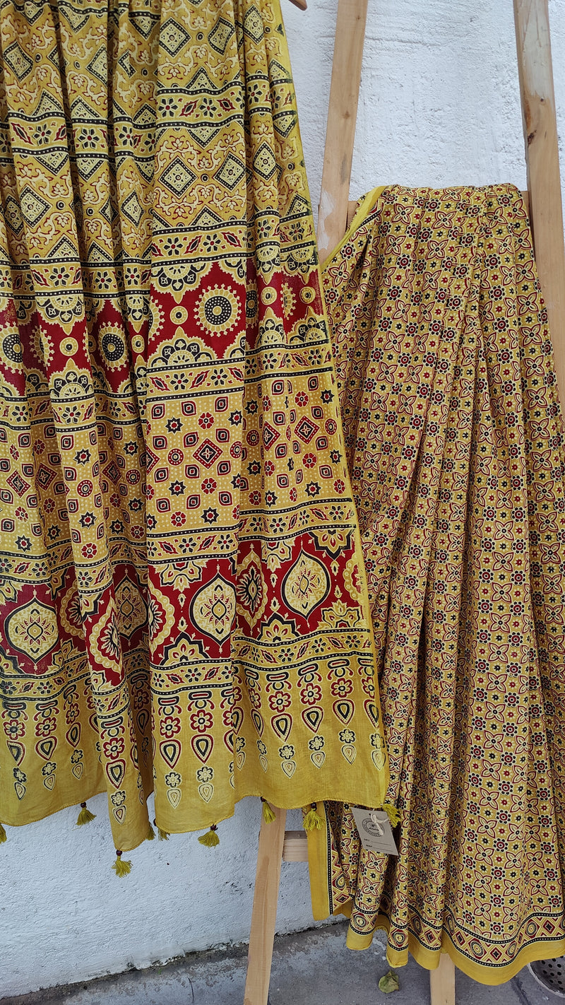 MUSTARD MUSLIN SAREE WITH HAND BLOCK KALAMKARI AND AZRAK WITH CHIKANKARI BLOUSE