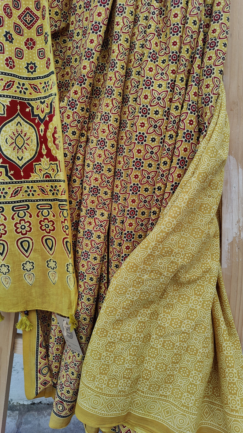 MUSTARD MUSLIN SAREE WITH HAND BLOCK KALAMKARI AND AZRAK WITH CHIKANKARI BLOUSE