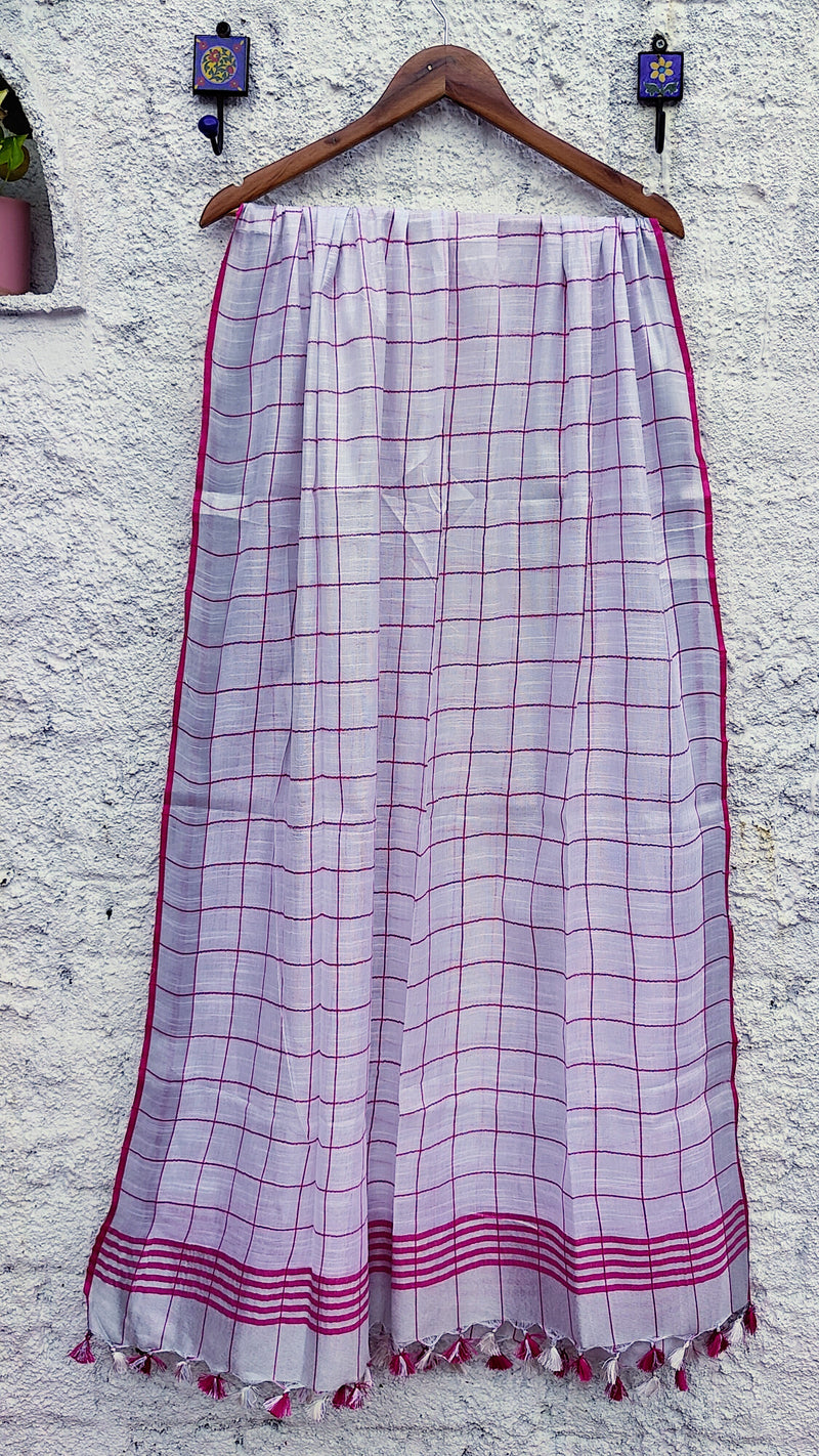 WHITE CHEQUERED LINEN ZARI DUPATTA