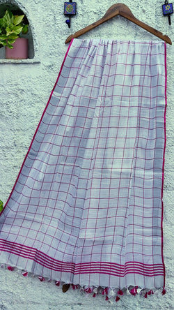 WHITE CHEQUERED LINEN ZARI DUPATTA