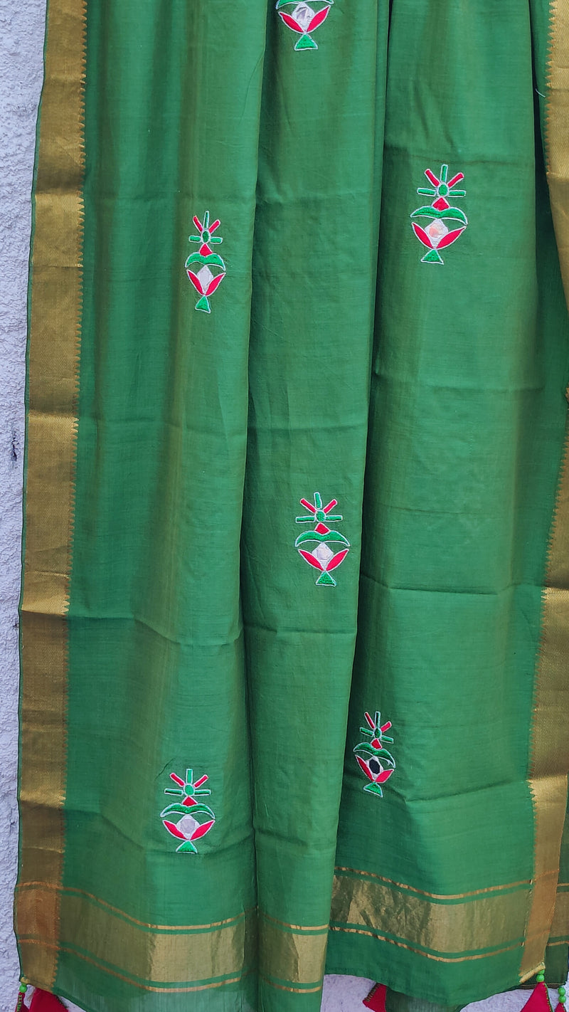 GREEN MANGALGIRI COTTON DUPATTA WITH MOTIFS