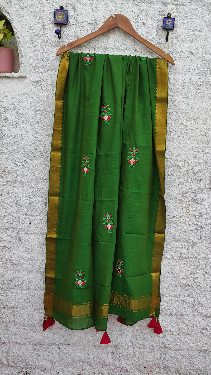 GREEN MANGALGIRI COTTON DUPATTA WITH MOTIFS