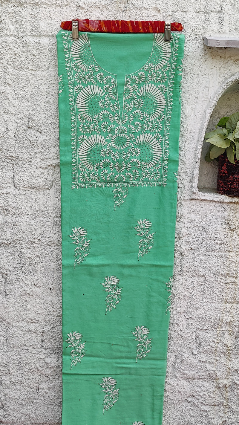 SPRING GREEN CHANDERI KURTA WITH CHIKANKARI AND MUKAISH WITH CONTRAST MAHESHWARI DUPATTA