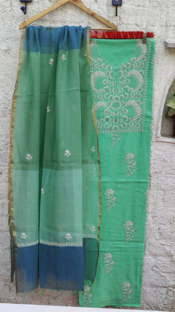 SPRING GREEN CHANDERI KURTA WITH CHIKANKARI AND MUKAISH WITH CONTRAST MAHESHWARI DUPATTA