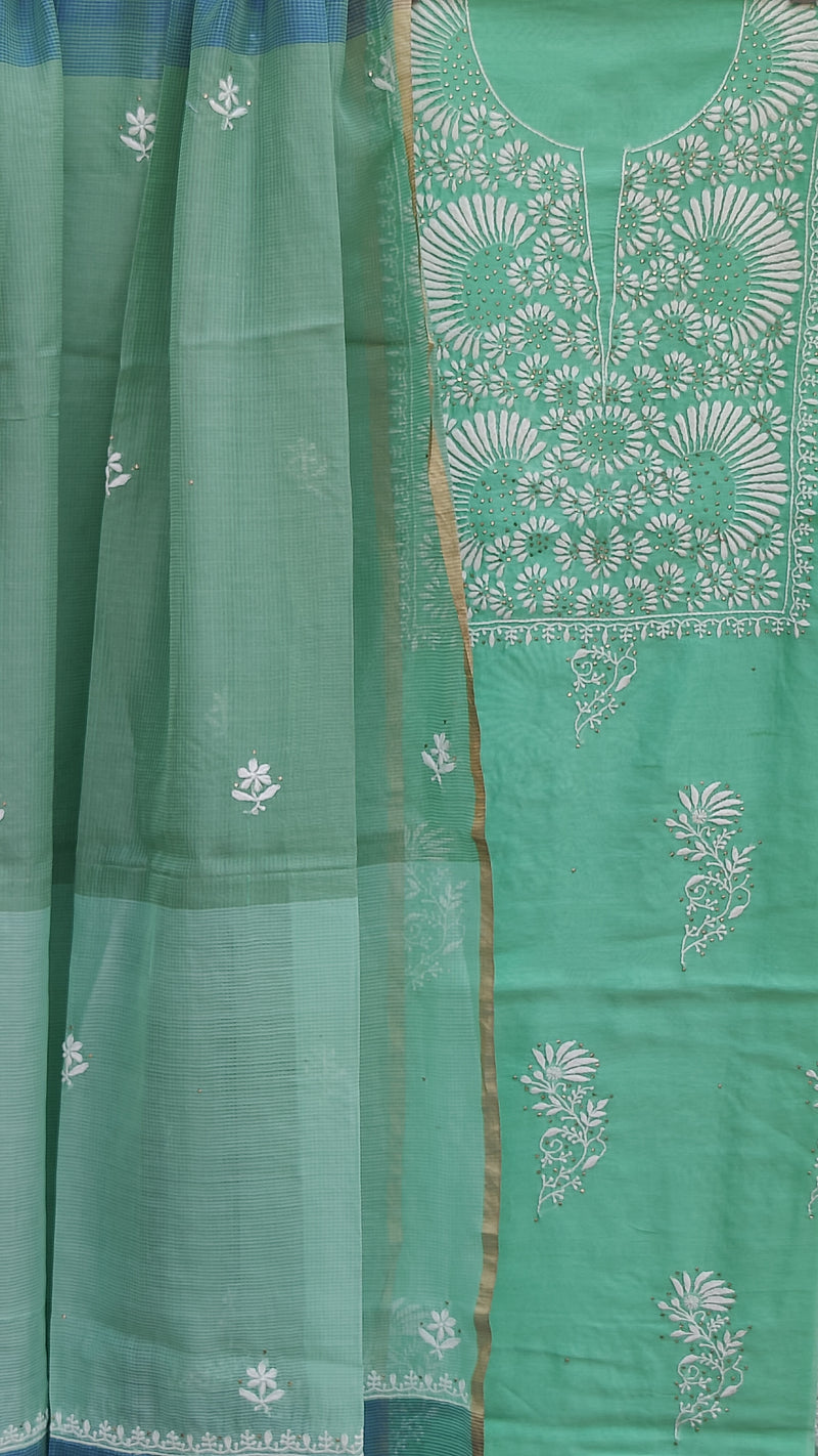 SPRING GREEN CHANDERI KURTA WITH CHIKANKARI AND MUKAISH WITH CONTRAST MAHESHWARI DUPATTA