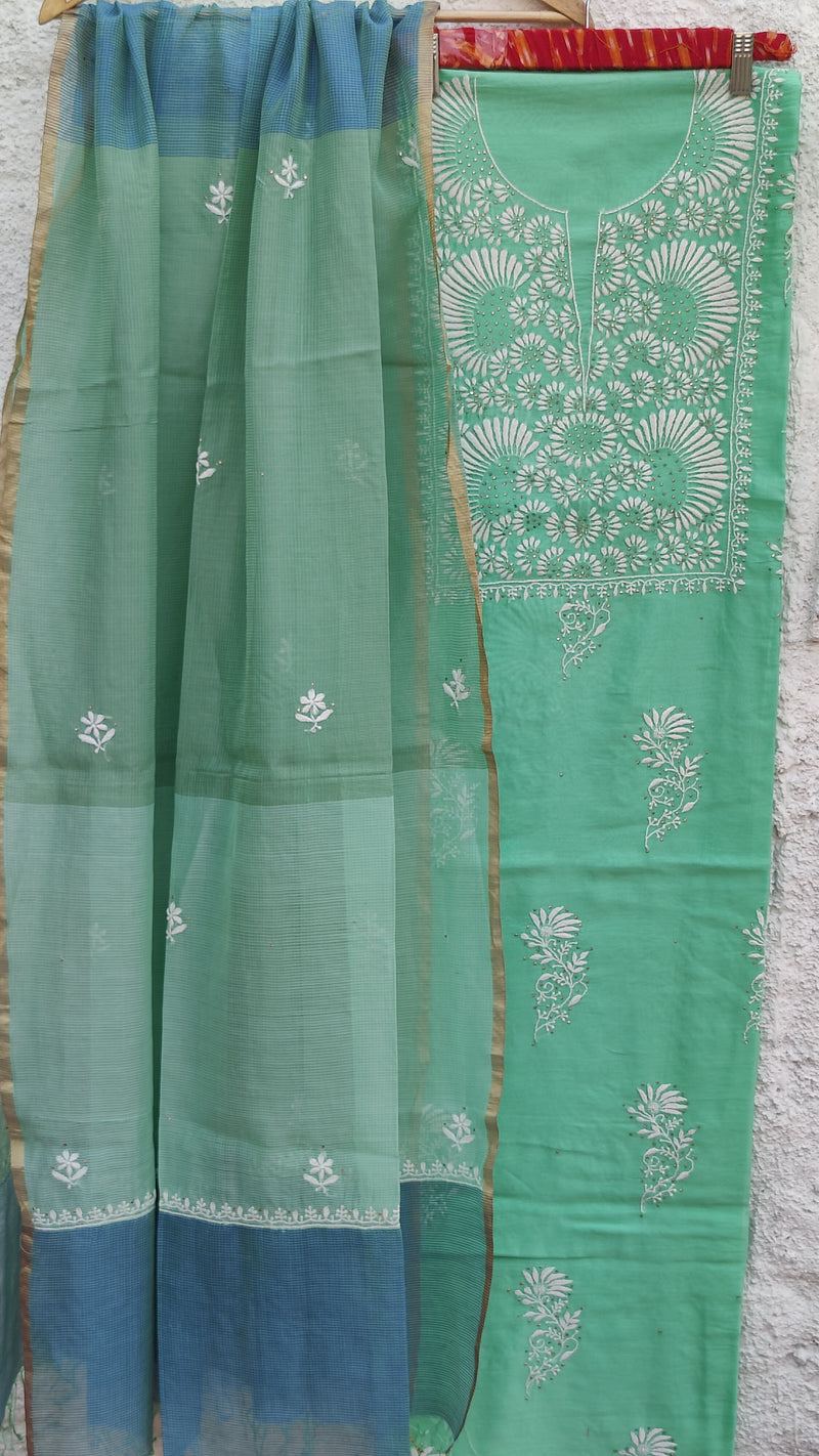 SPRING GREEN CHANDERI KURTA WITH CHIKANKARI AND MUKAISH WITH CONTRAST MAHESHWARI DUPATTA