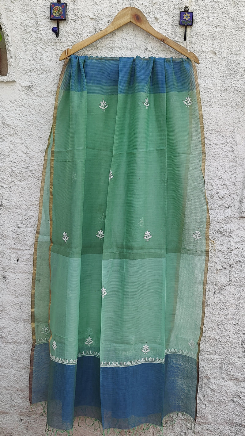 SPRING GREEN CHANDERI KURTA WITH CHIKANKARI AND MUKAISH WITH CONTRAST MAHESHWARI DUPATTA