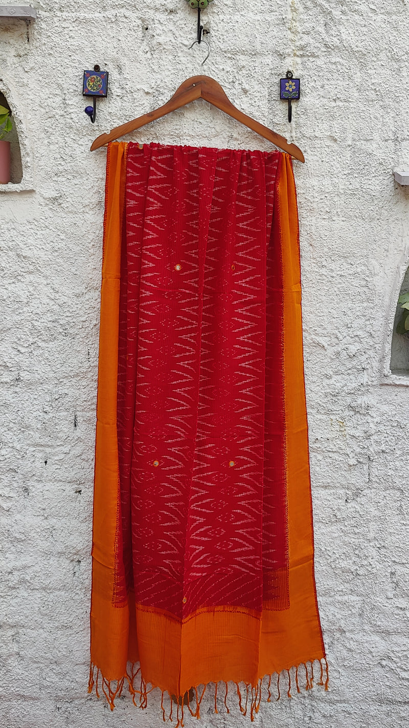 FIRE ORANGE WITH RED IKKAT COTTON MISSING THREAD DUPATTA WITH MIRROR WORK