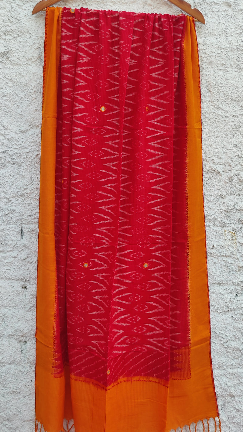 FIRE ORANGE WITH RED IKKAT COTTON MISSING THREAD DUPATTA WITH MIRROR WORK