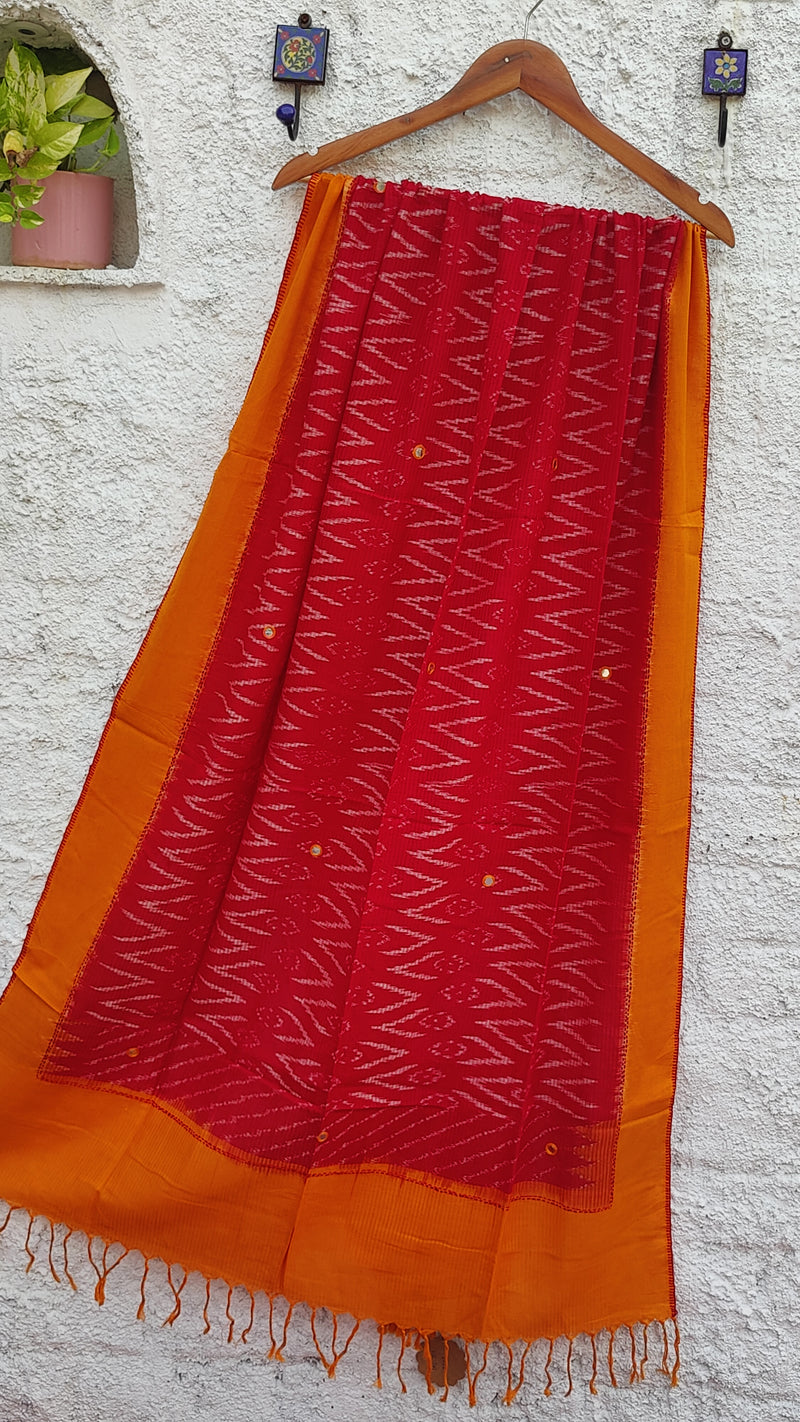 FIRE ORANGE WITH RED IKKAT COTTON MISSING THREAD DUPATTA WITH MIRROR WORK