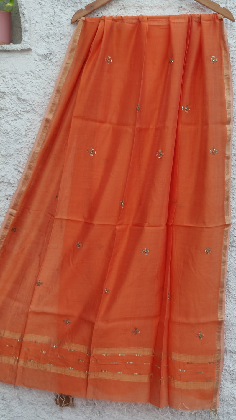 DARK PEACH CHANDERI DUPATTA WITH MIRROR & SEQUIN WORK