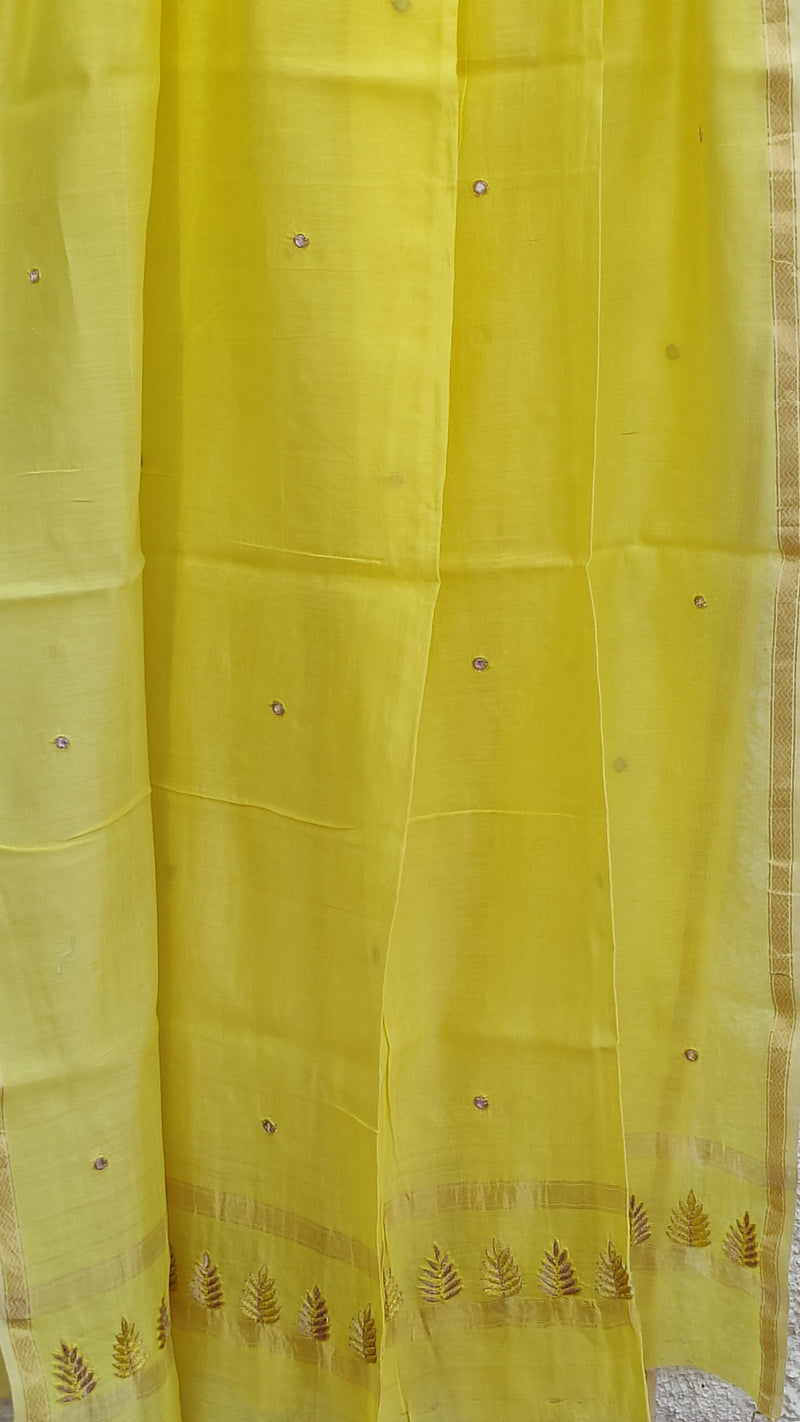 YELLOW CHANDERI DUPATTA WITH MIRROR AND AARI ZARDOZI WORK