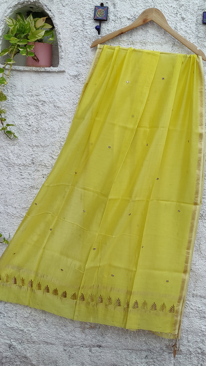 YELLOW CHANDERI DUPATTA WITH MIRROR AND AARI ZARDOZI WORK