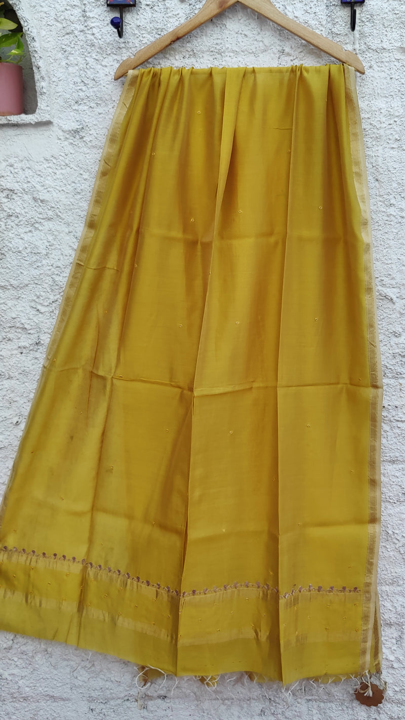 SPRING MOSS MUSTARD CHANDERI DUPATTA WITH GOTTA PATTI WORK