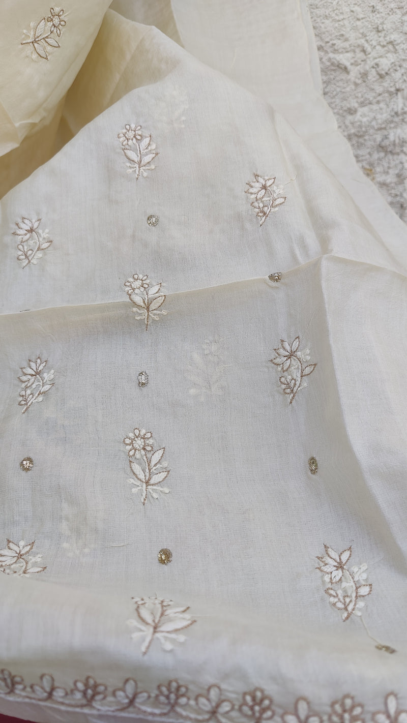 PAPER TUSSAR SILK NATURAL COLOUR KURTA WITH CHIKANKARI AND AARI HIGHLIGHTING