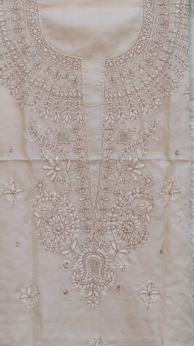 PAPER TUSSAR SILK NATURAL COLOUR KURTA WITH CHIKANKARI AND AARI HIGHLIGHTING- BHURI