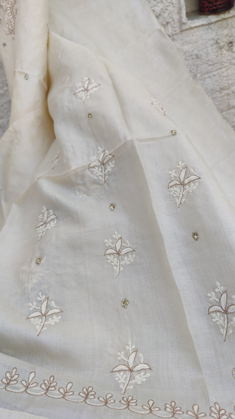 PAPER TUSSAR SILK NATURAL COLOUR KURTA WITH CHIKANKARI AND AARI HIGHLIGHTING- BHURI