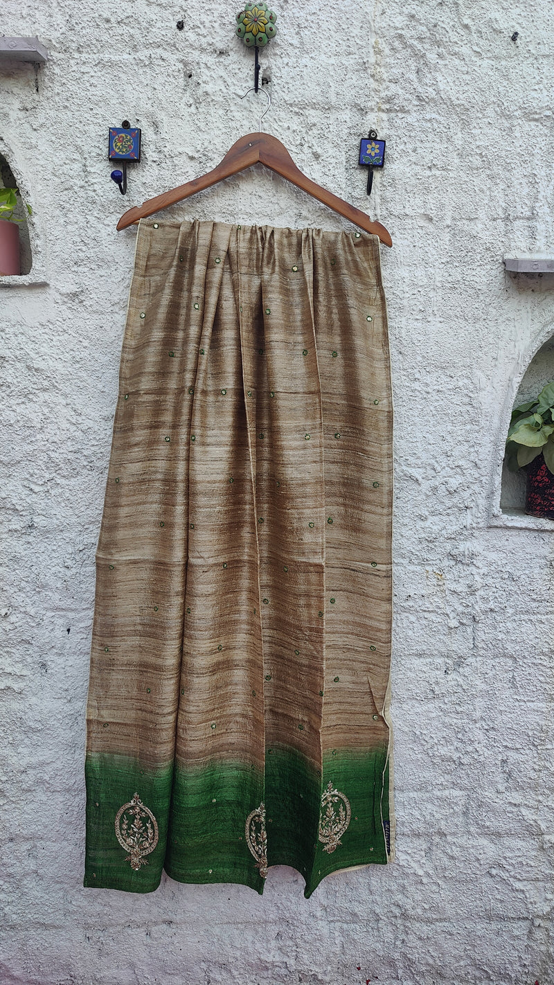 SHADED GREEN-NATURAL TUSSAR DUPATTA WITH ZARDOZI WORK