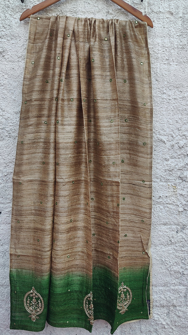 SHADED GREEN-NATURAL TUSSAR DUPATTA WITH ZARDOZI WORK