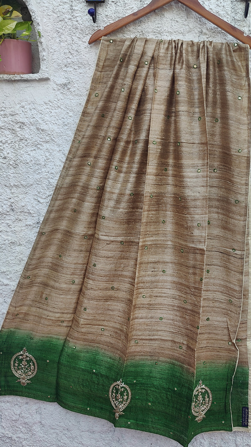 SHADED GREEN-NATURAL TUSSAR DUPATTA WITH ZARDOZI WORK