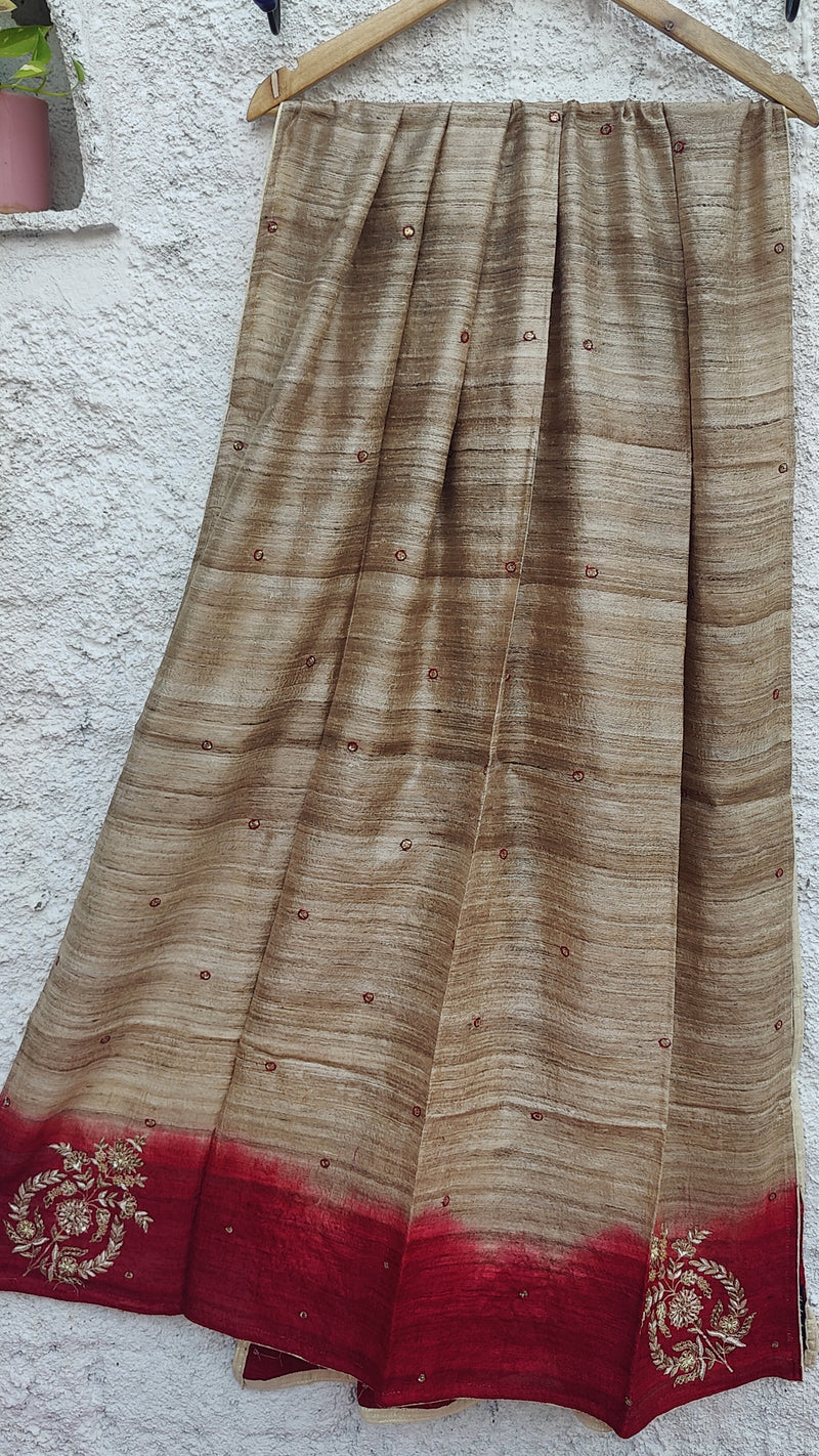 SHADED RED-NATURAL TUSSAR DUPATTA WITH ZARDOZI WORK - FLORAL