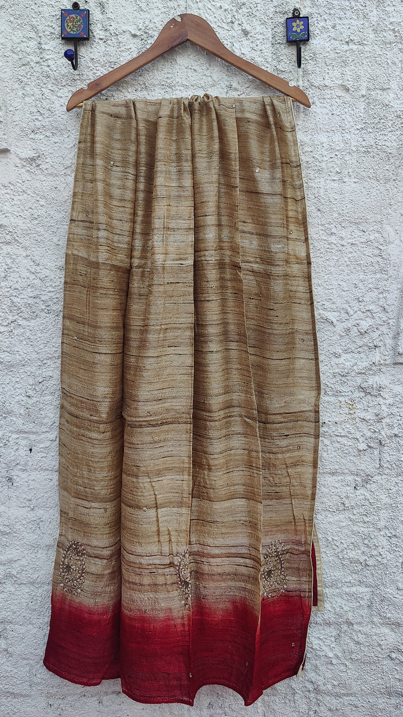 SHADED MAJENTA - NATURAL TUSSAR DUPATTA WITH ZARDOZI WORK  - AMIYA