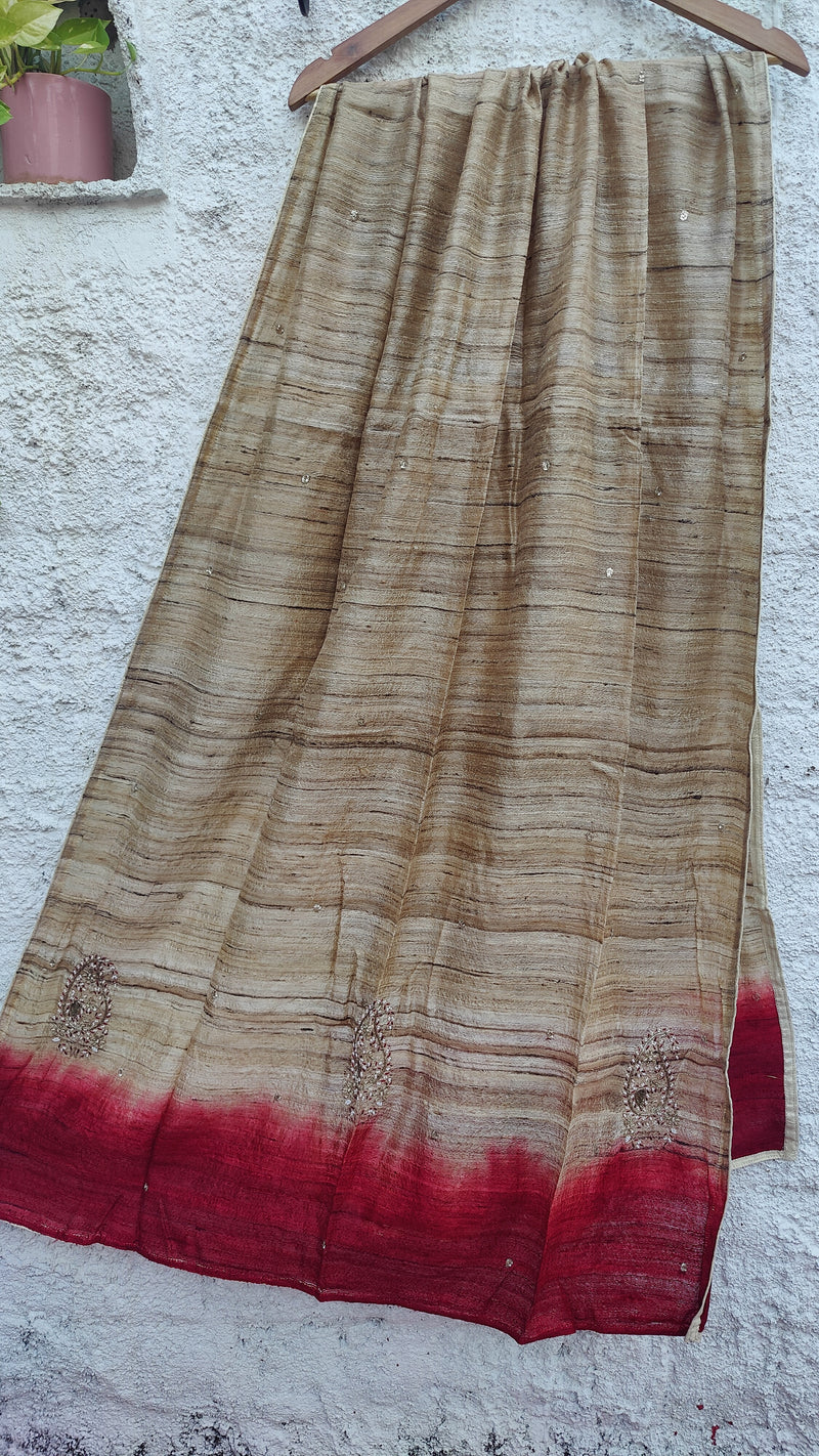 SHADED MAJENTA - NATURAL TUSSAR DUPATTA WITH ZARDOZI WORK  - AMIYA