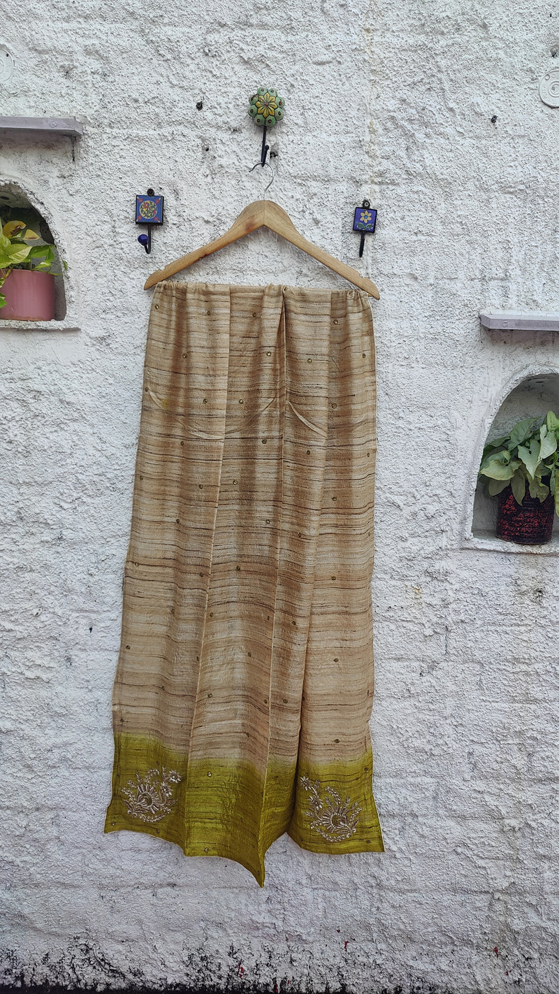 SHADED GREEN - NATURAL TUSSAR DUPATTA WITH ZARDOZI WORK-BUD