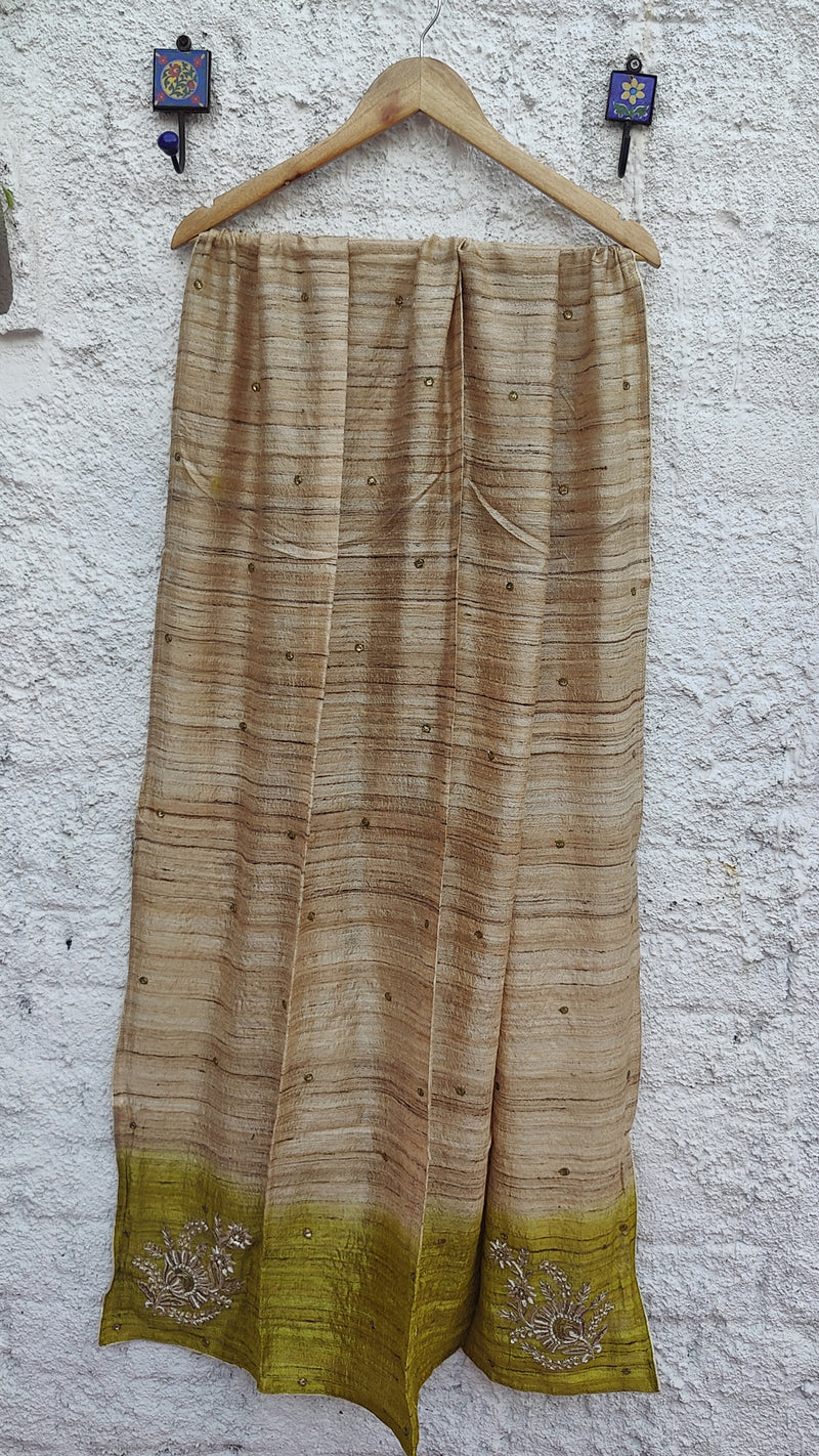 SHADED GREEN - NATURAL TUSSAR DUPATTA WITH ZARDOZI WORK-BUD