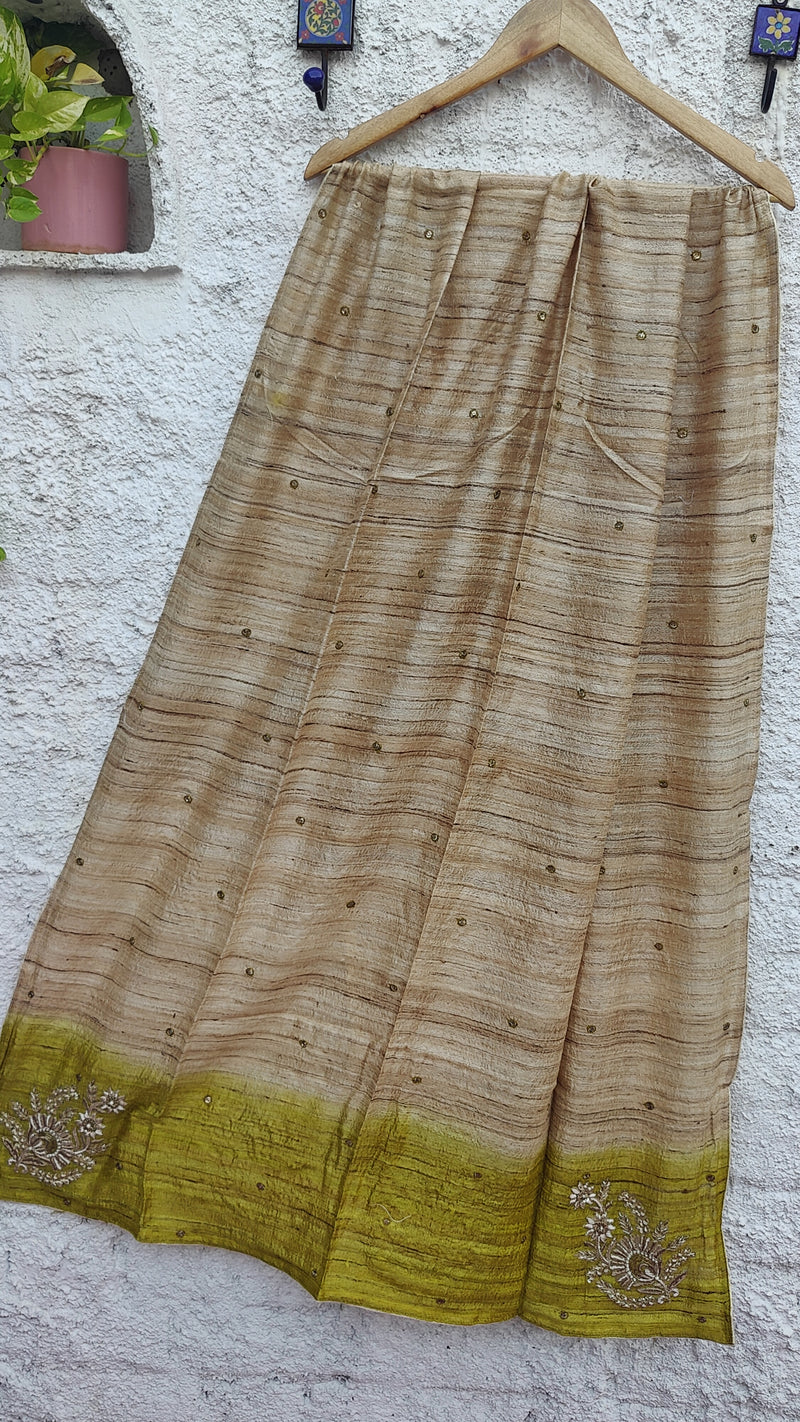 SHADED GREEN - NATURAL TUSSAR DUPATTA WITH ZARDOZI WORK-BUD