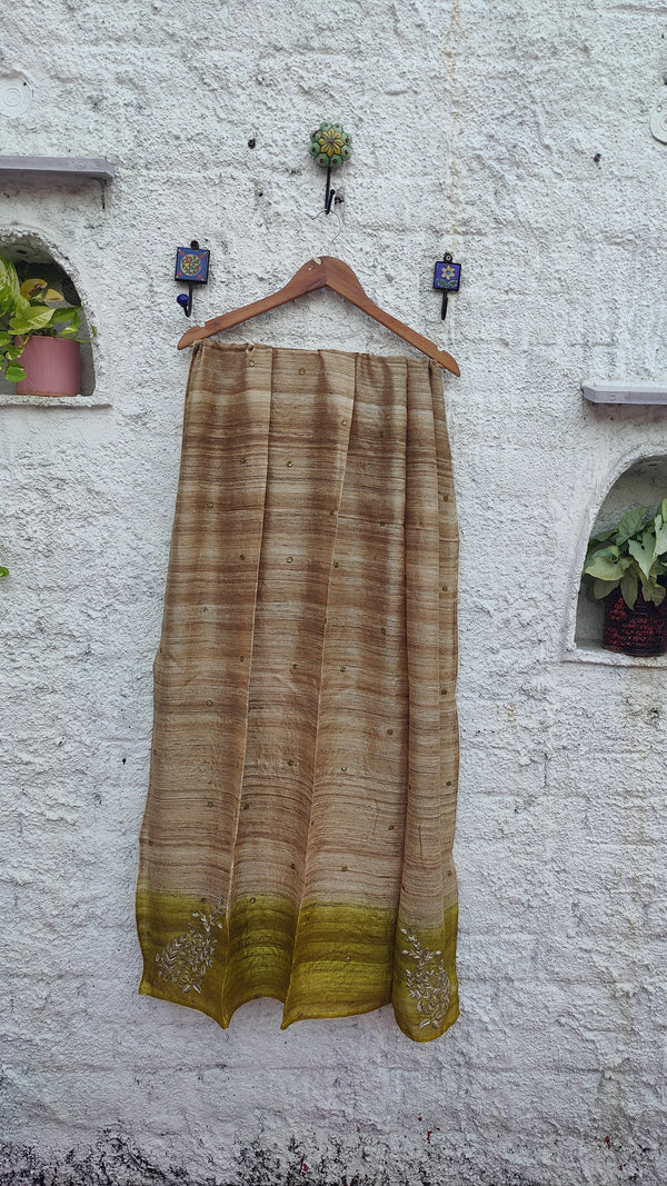 SHADED GREEN -NATURAL TUSSAR DUPATTA WITH ZARDOZI WORK - KAIRI