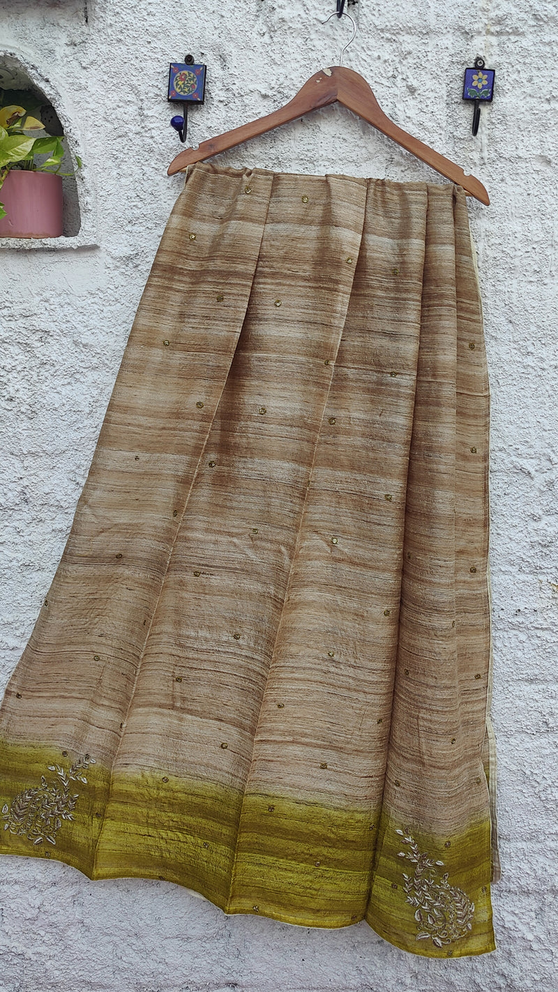 SHADED GREEN -NATURAL TUSSAR DUPATTA WITH ZARDOZI WORK - KAIRI