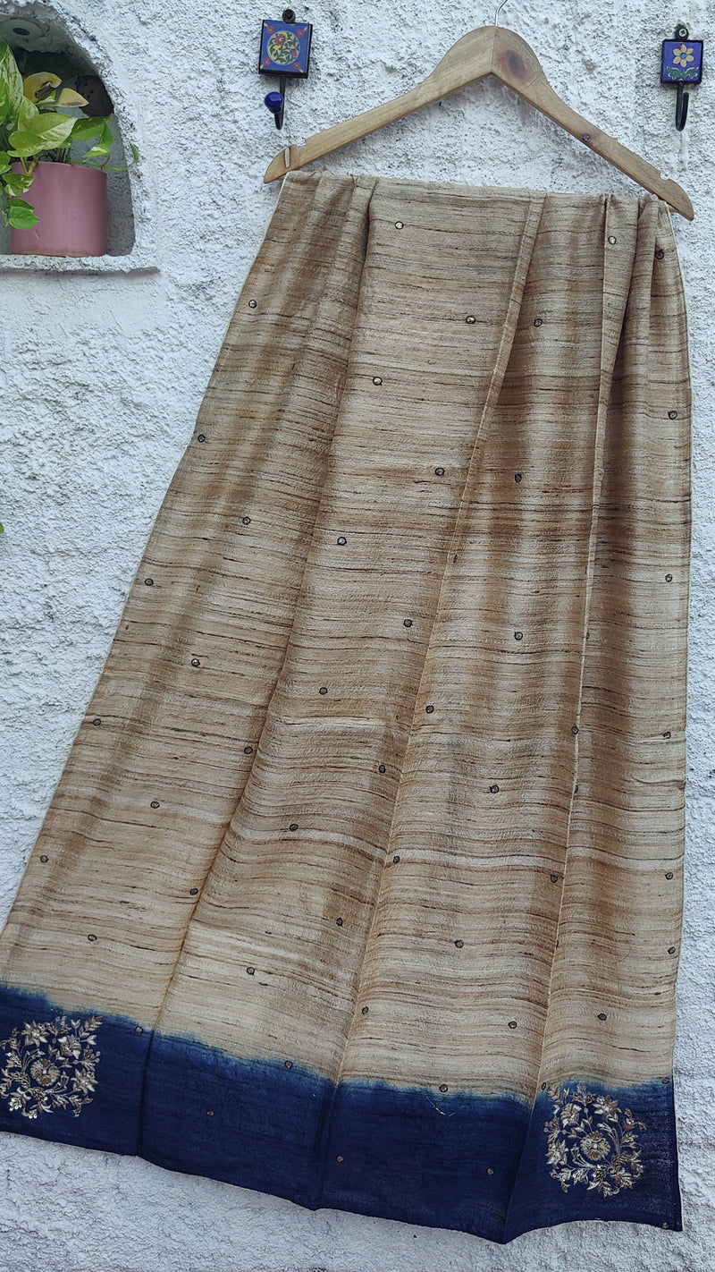 SHADED BLUE -NATURAL TUSSAR DUPATTA WITH ZARDOZI WORK - FULWARI