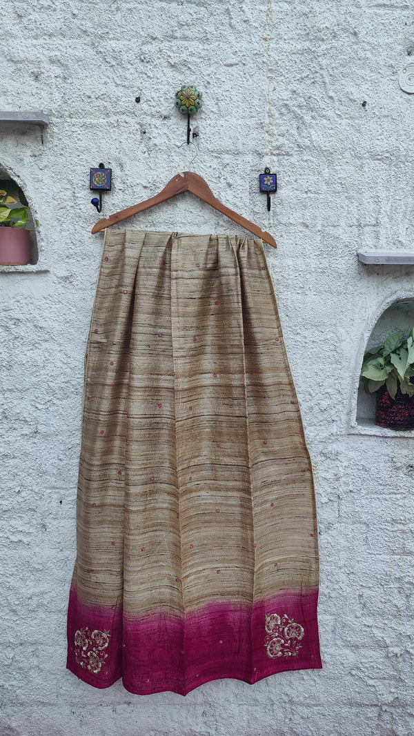 SHADED MAJENTA-NATURAL TUSSAR DUPATTA WITH ZARDOZI WORK