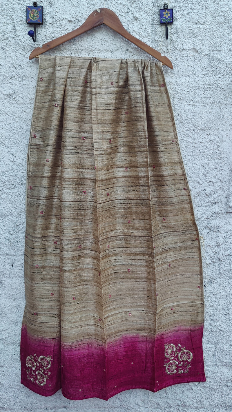 SHADED MAJENTA-NATURAL TUSSAR DUPATTA WITH ZARDOZI WORK