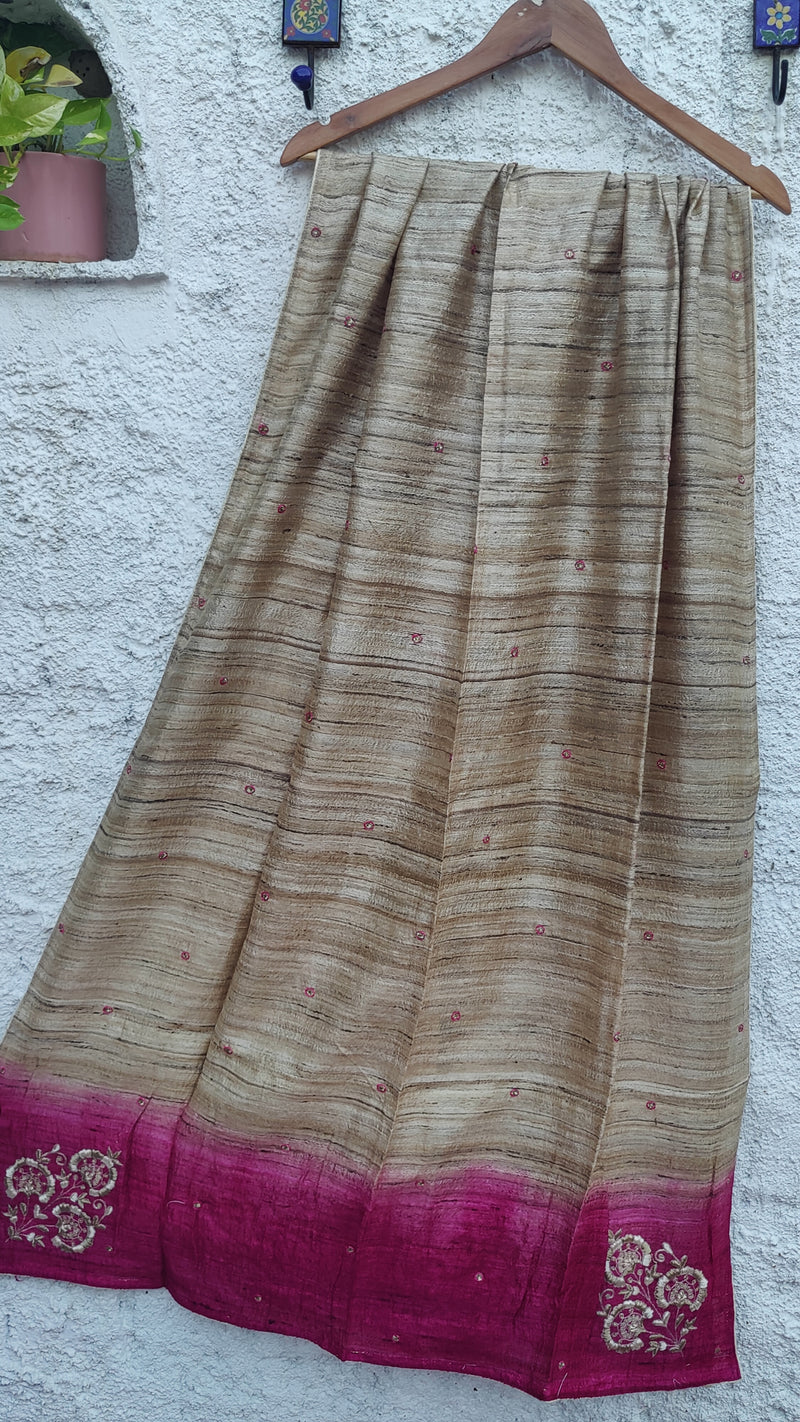 SHADED MAJENTA-NATURAL TUSSAR DUPATTA WITH ZARDOZI WORK