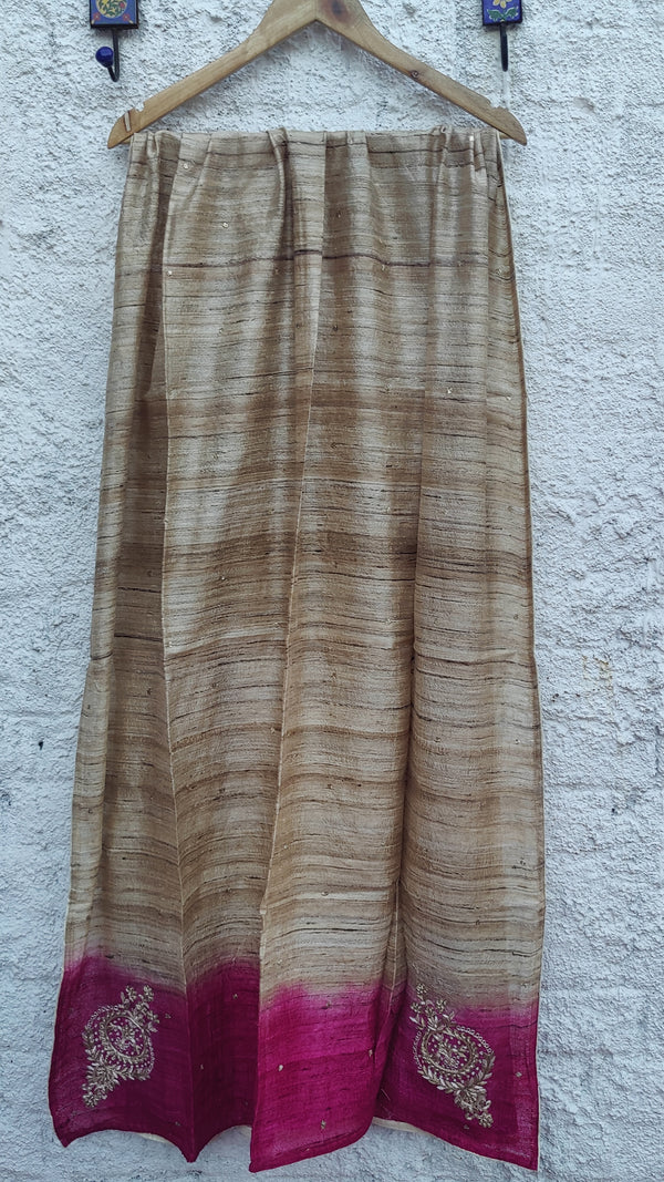 SHADED MAJENTA-NATURAL TUSSAR DUPATTA WITH ZARDOZI WORK - NIKHAR