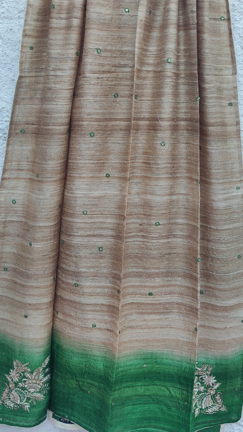 SHADED GREEN-NATURAL TUSSAR DUPATTA WITH ZARDOZI WORK- NAKSHI BUTA