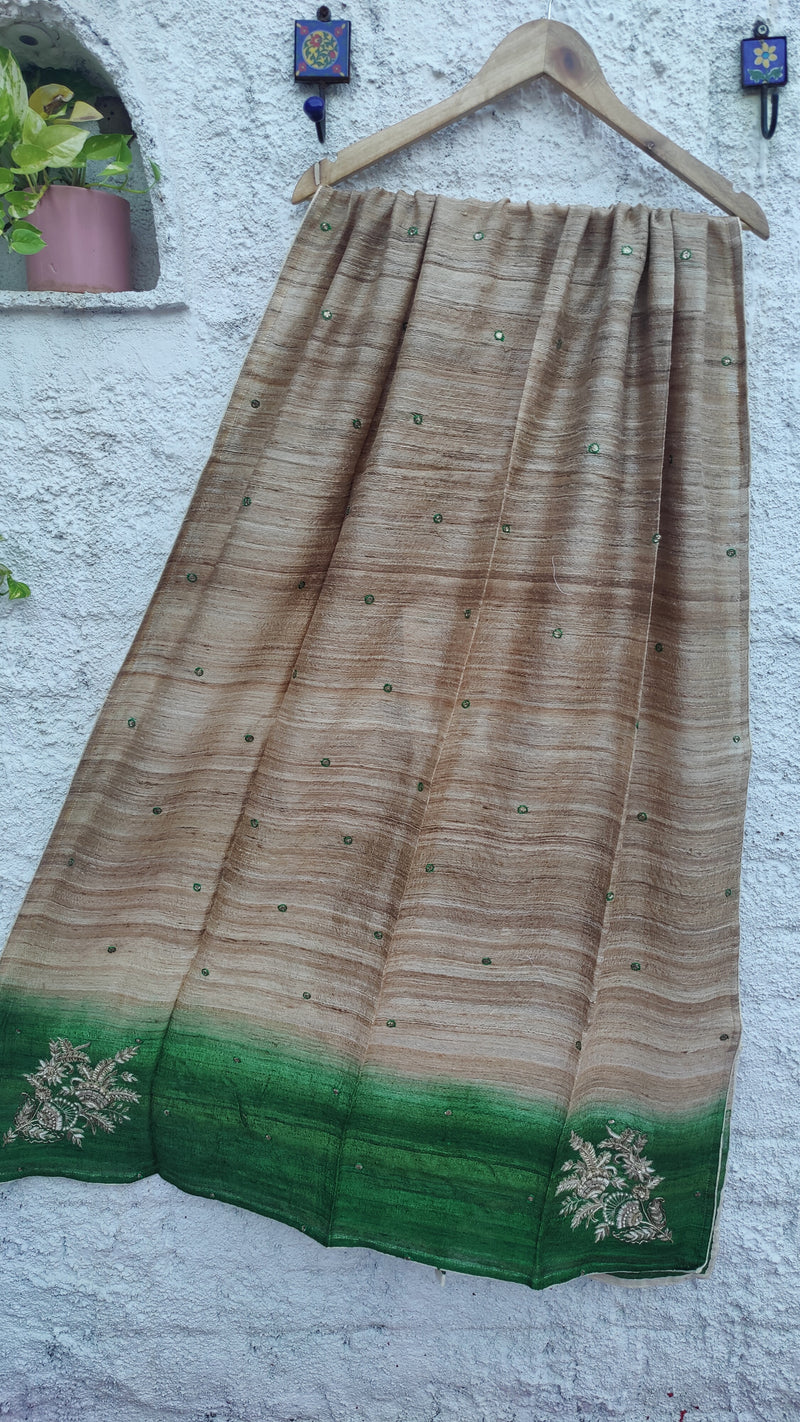 SHADED GREEN-NATURAL TUSSAR DUPATTA WITH ZARDOZI WORK- NAKSHI BUTA