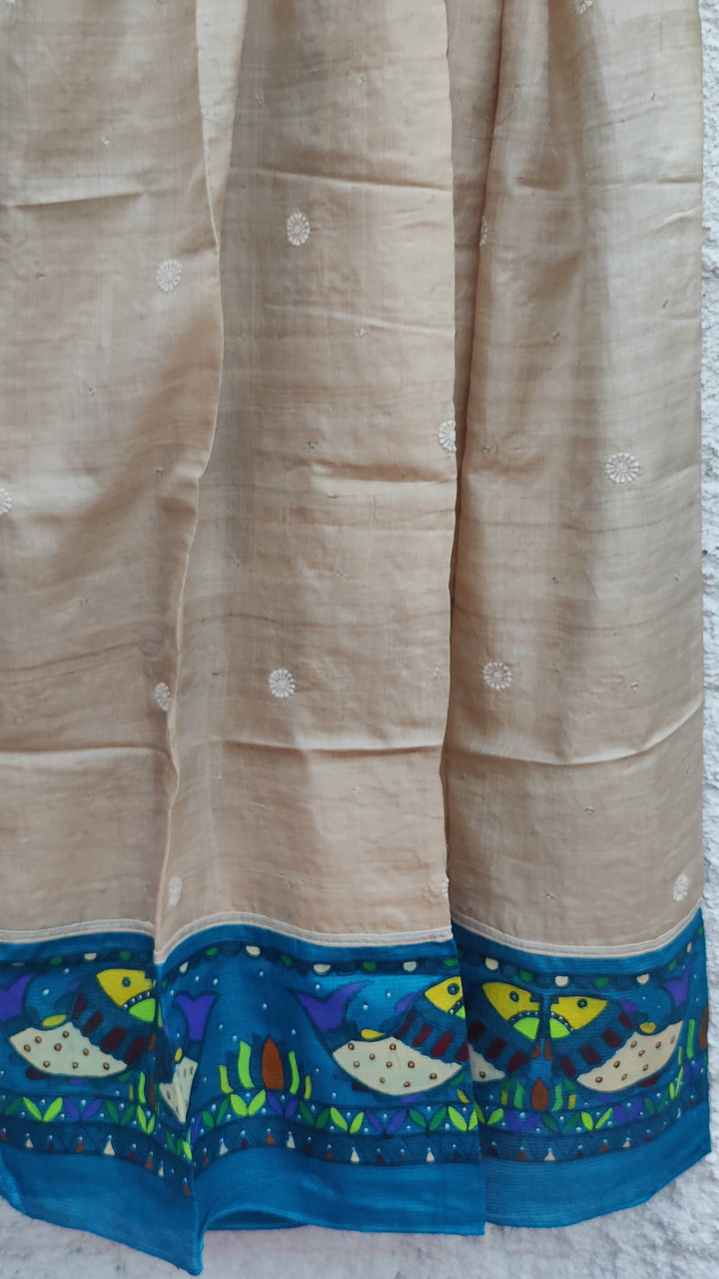 NATURAL TUSSAR SILK WITH MADHUBANI & CHIKANKARI DUPATTA-FISH PATTERN