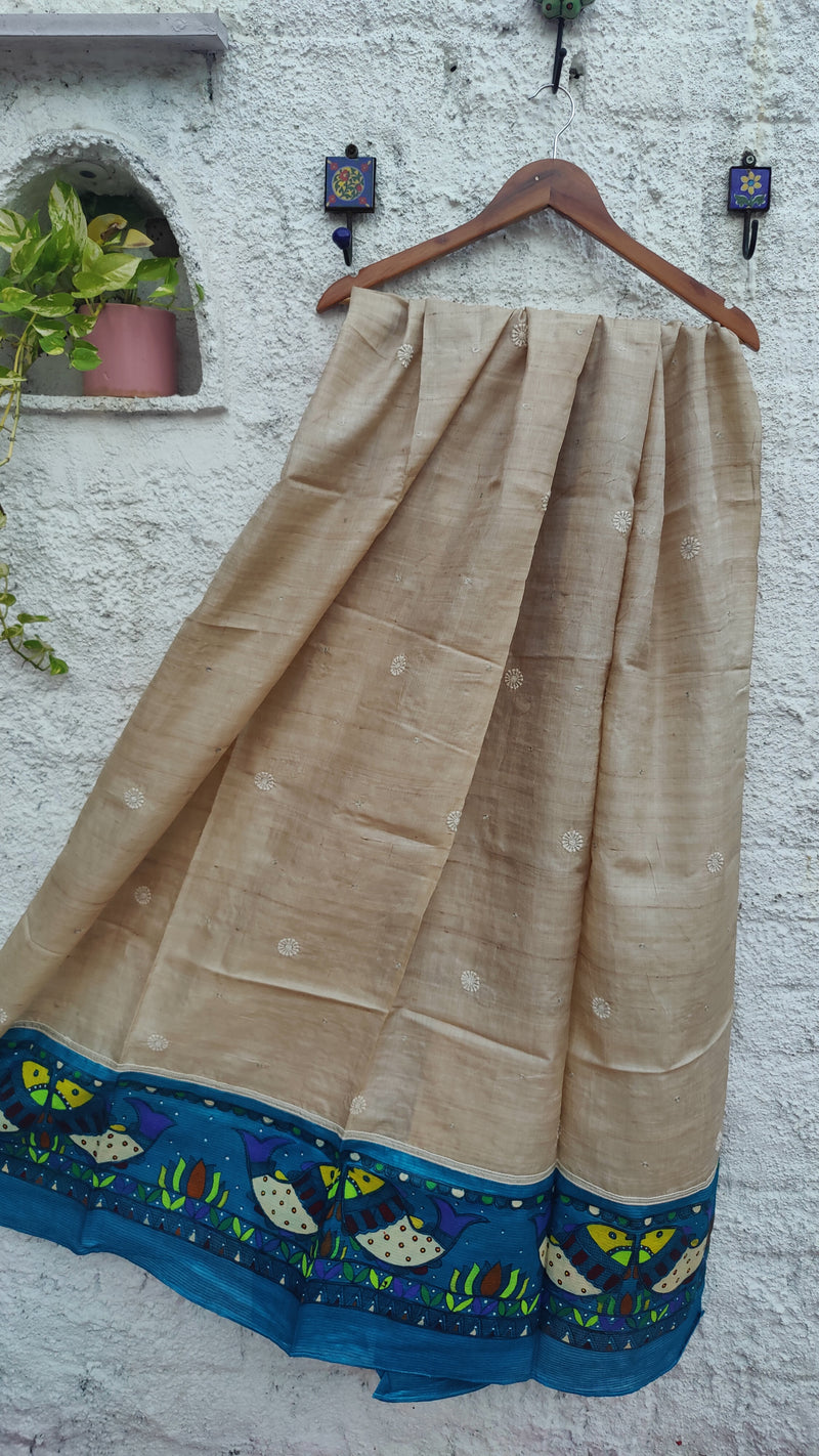 NATURAL TUSSAR SILK WITH MADHUBANI & CHIKANKARI DUPATTA-FISH PATTERN