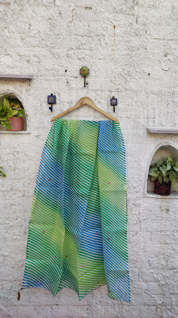 BLUE GREEN LEHERIYA KOTA DUPATTA WITH MIRROR WORK